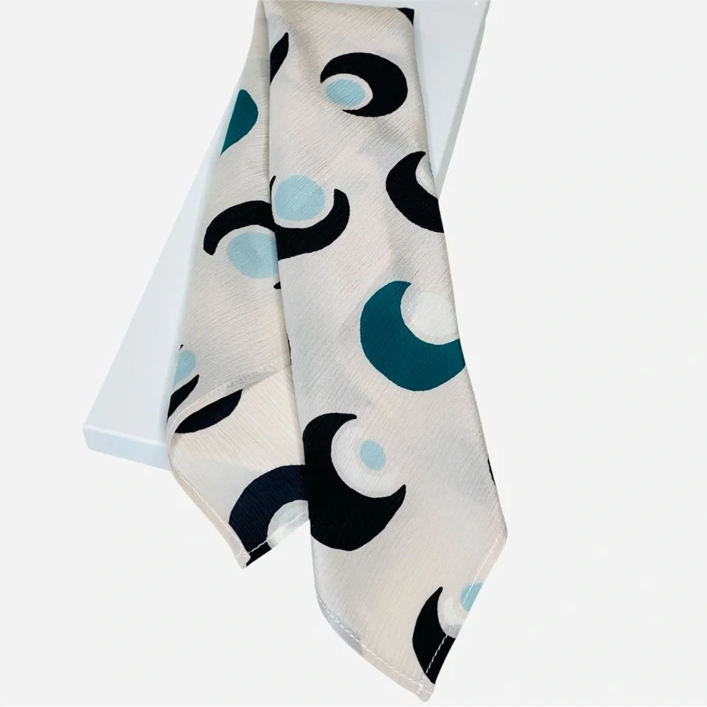 NWT SILKLETTE Half Moon Pattern 100% Fine Silk Kerchief Scarf Black+Blue